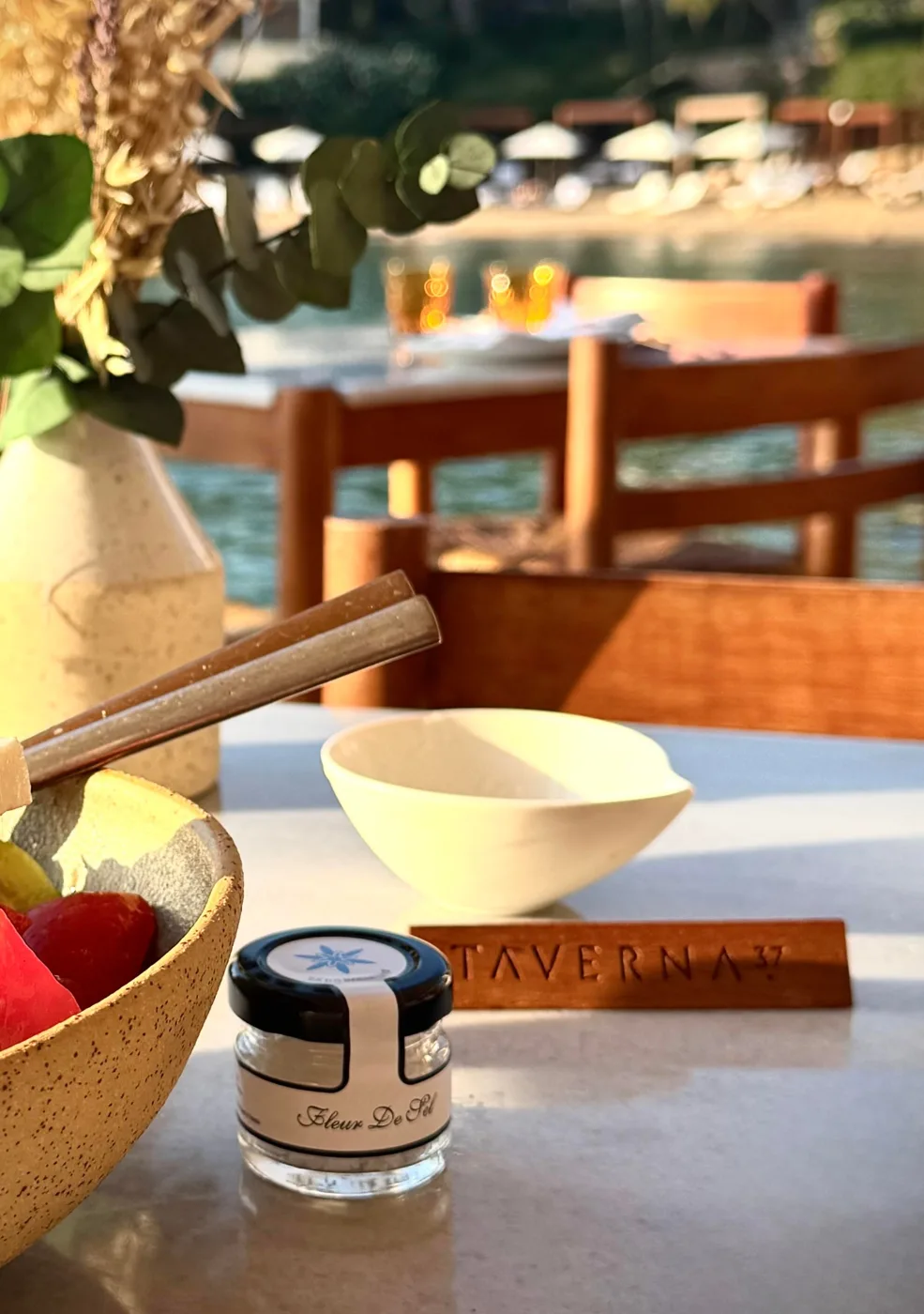 SeaCrets Fleur de Sel jar on a hotel restaurant table